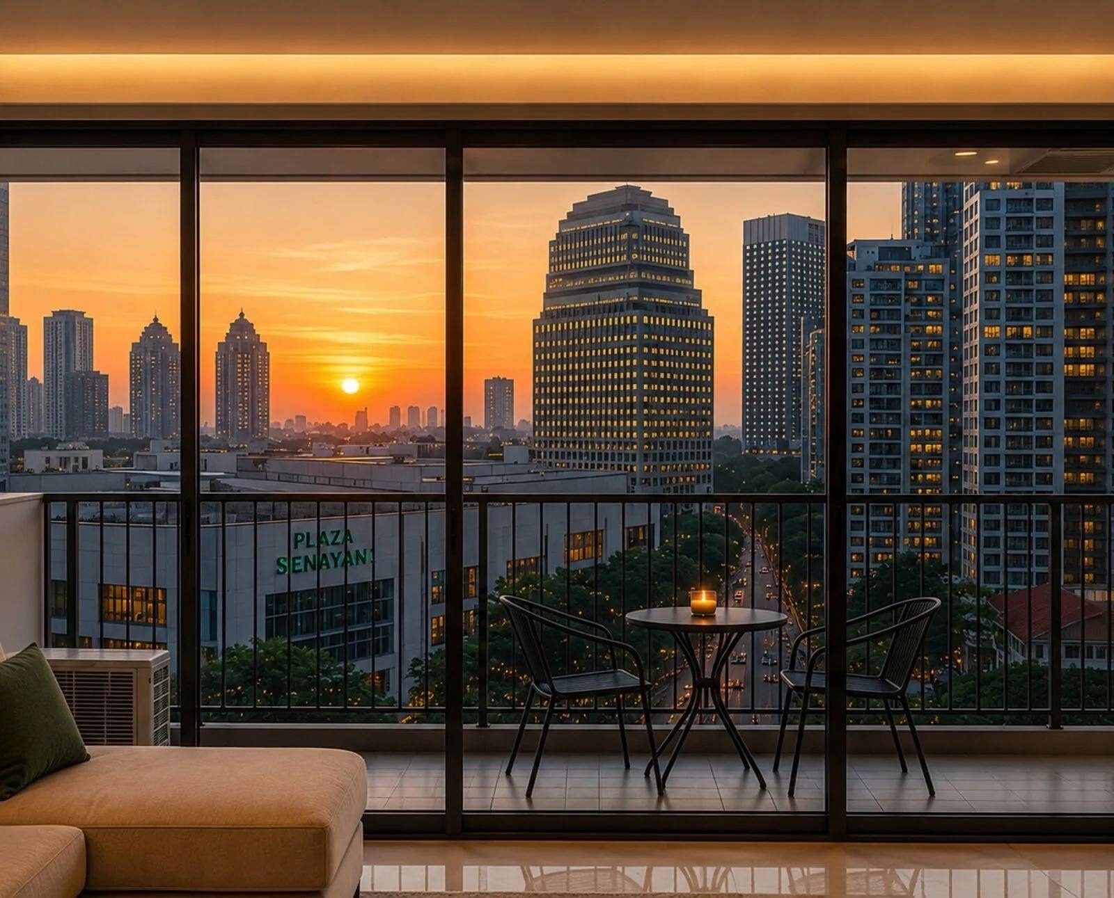 A balcony over Senayan at sunset, Plaza Senayan below
