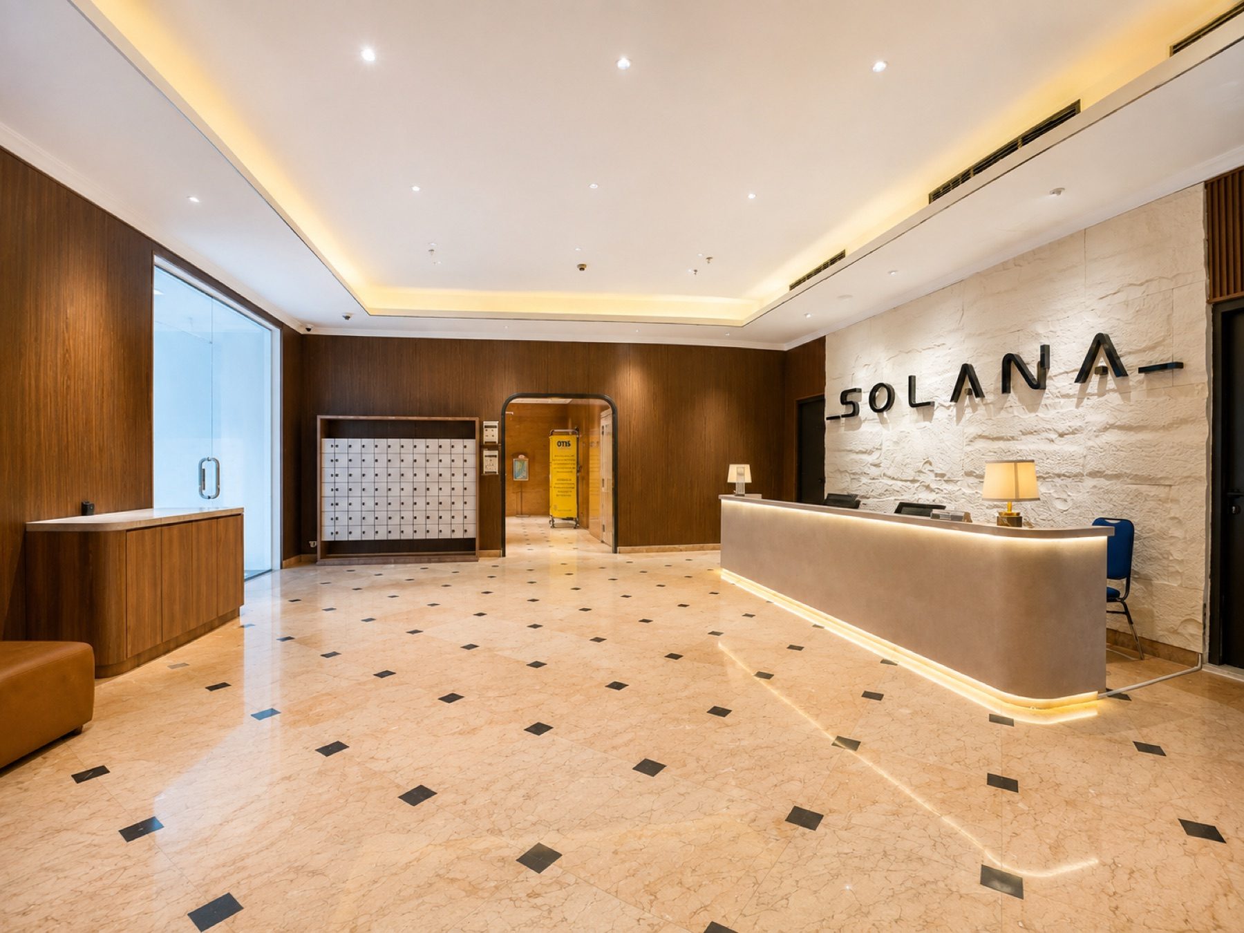 The lobby entrance, with its sign