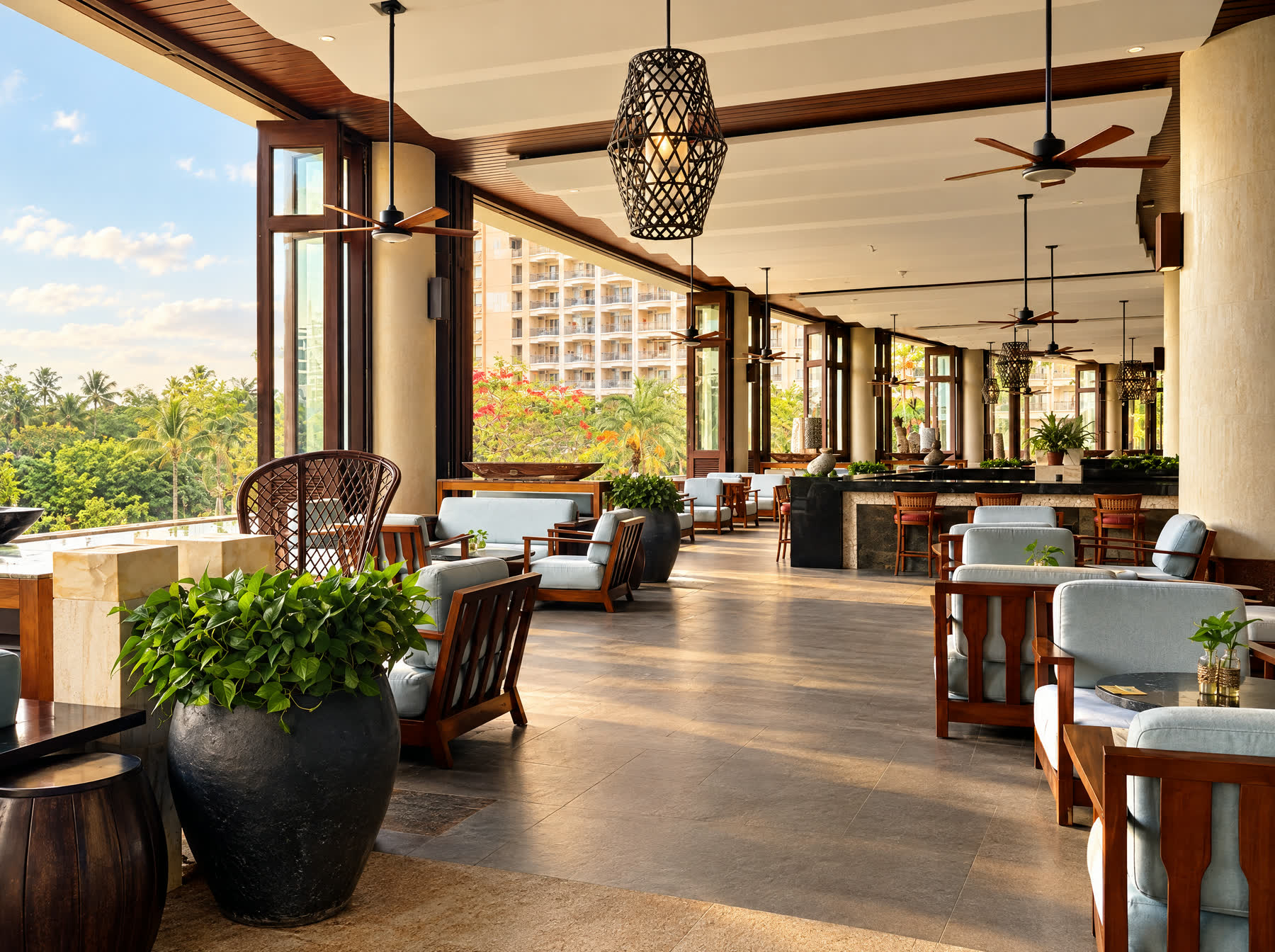 Open-air lounge with timber and greenery