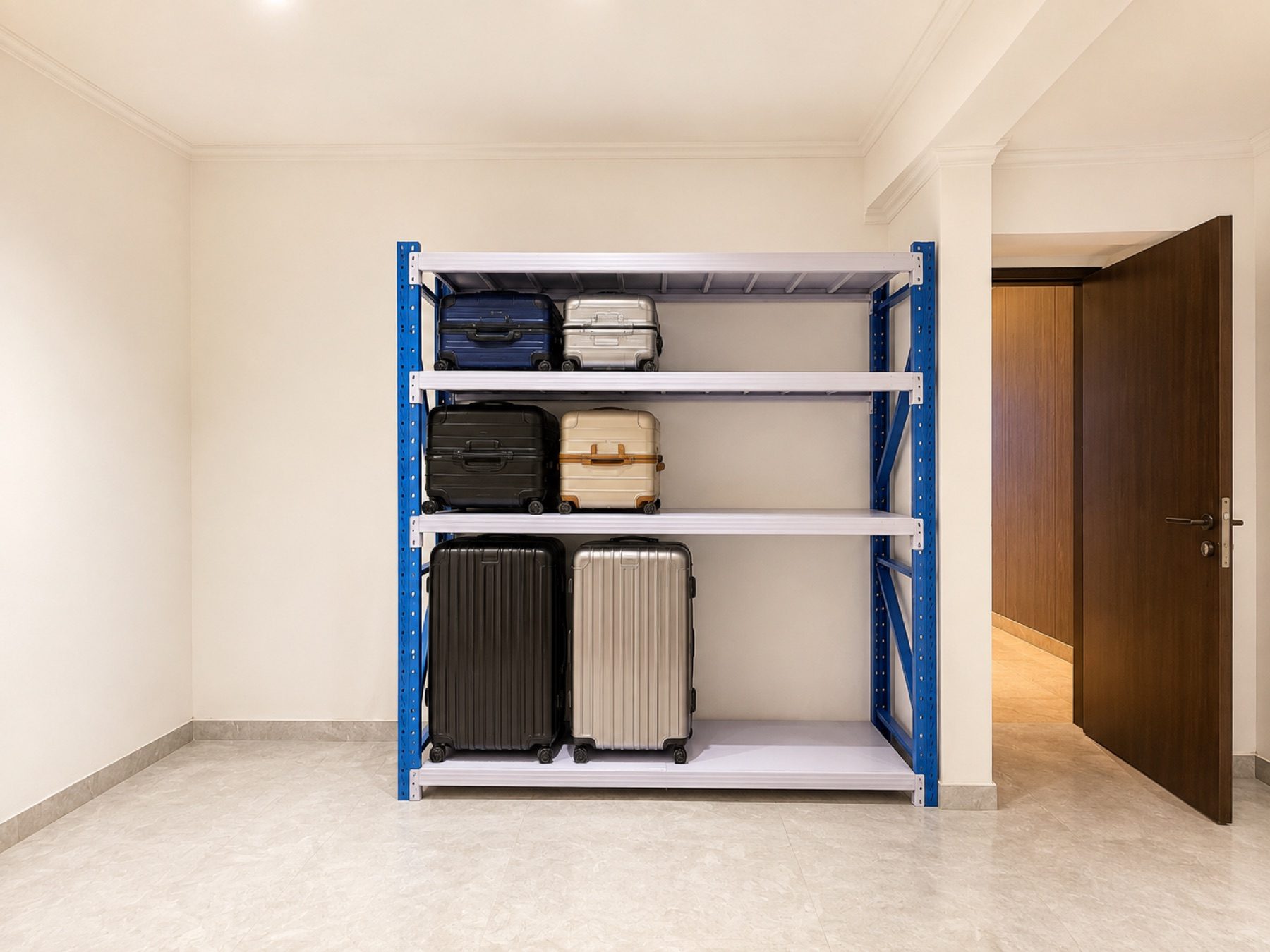 Suitcases on shelves in the luggage room