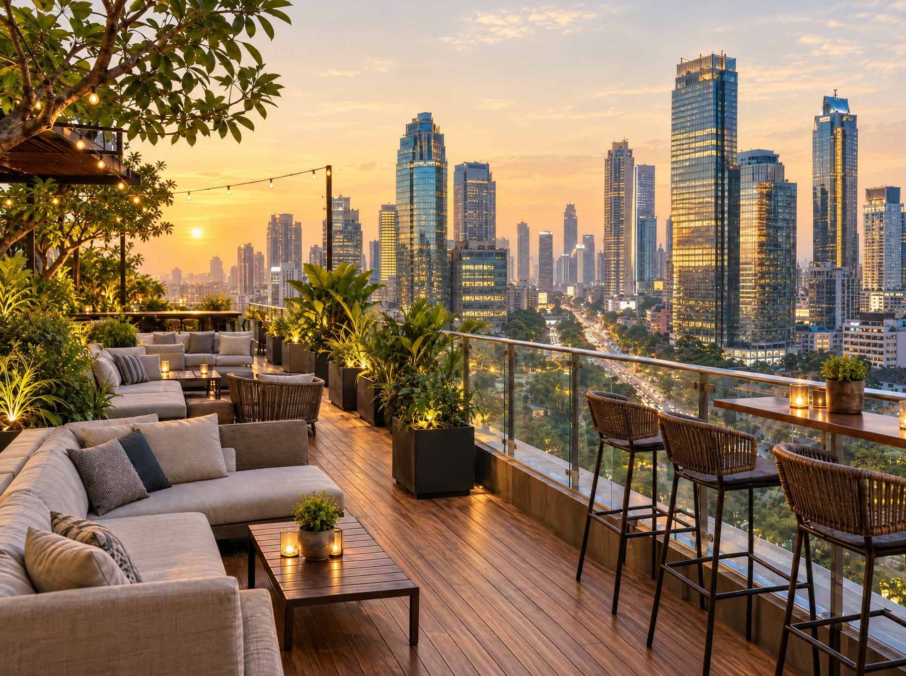 Rooftop terrace over the Jakarta skyline at golden hour