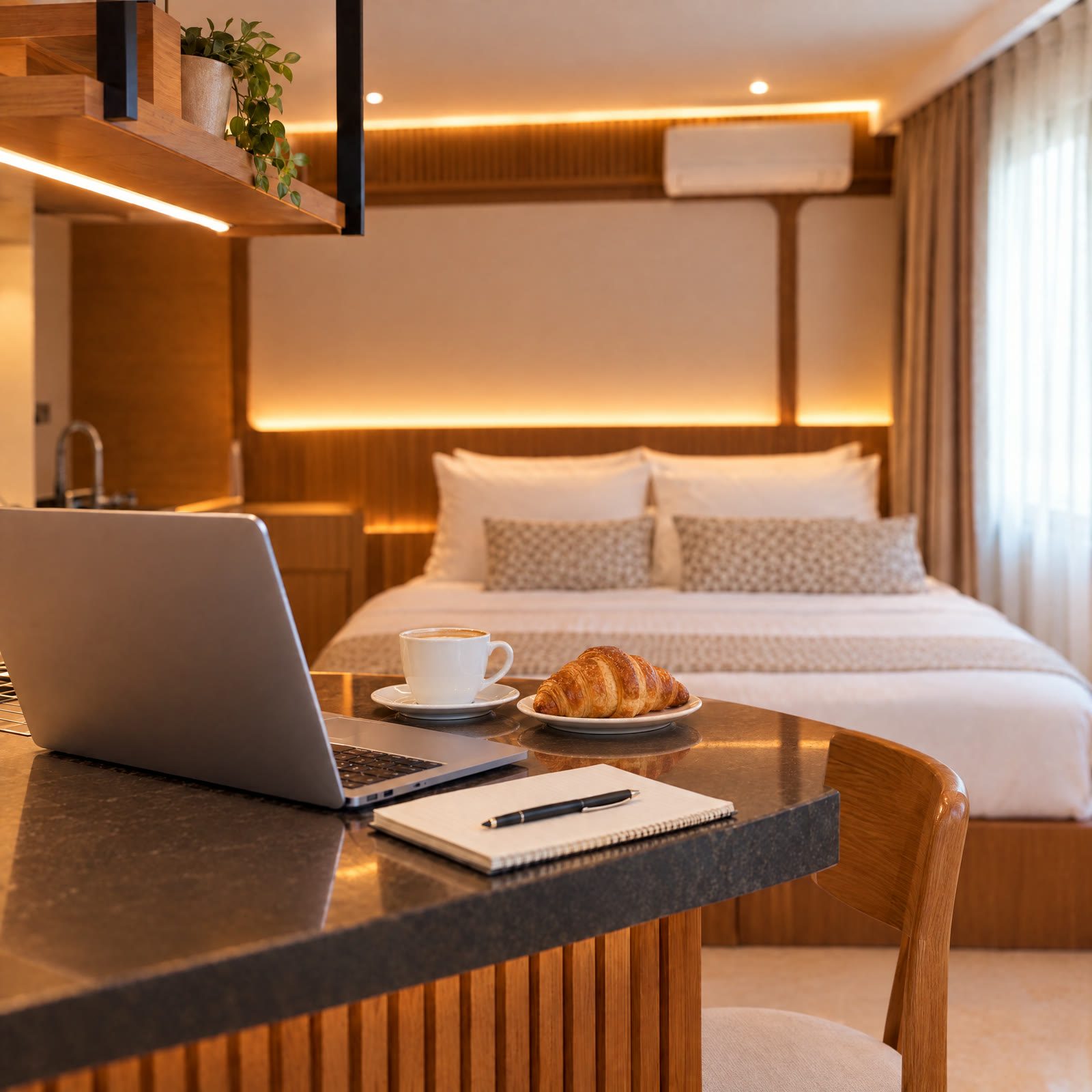 A laptop, coffee and a croissant on the breakfast bar of a studio